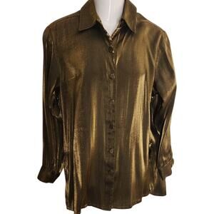 Vtg JR Nites by Caliendo Gold Mettallic Button Down Blouse Long Sleeve W size 10